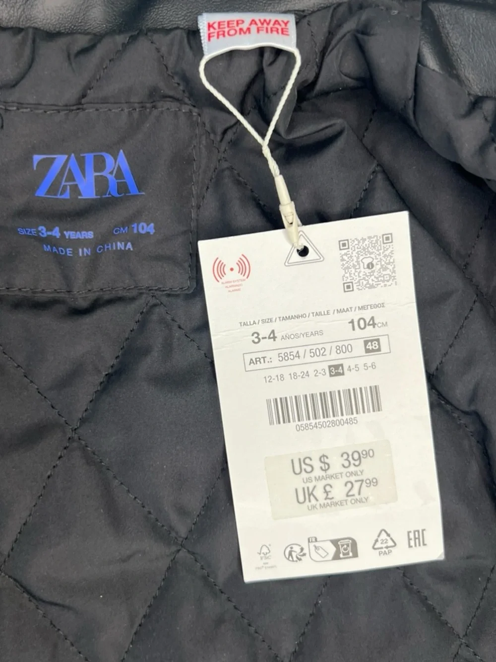Zara Kids Black Faux Leather Long Sleeve Biker Jacket